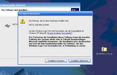 Windows-Meldung bei der Installation des MOTU-Treibers für den Betrieb des &amp;quot;MOTU-Fastlane USB&amp;quot;.